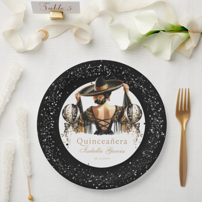 Quinceañera Luxury Black Gold Personalised Paper Plate (Wedding)