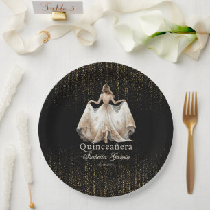 Quinceañera Luxury Black Ivory Gold Personalised Paper Plate