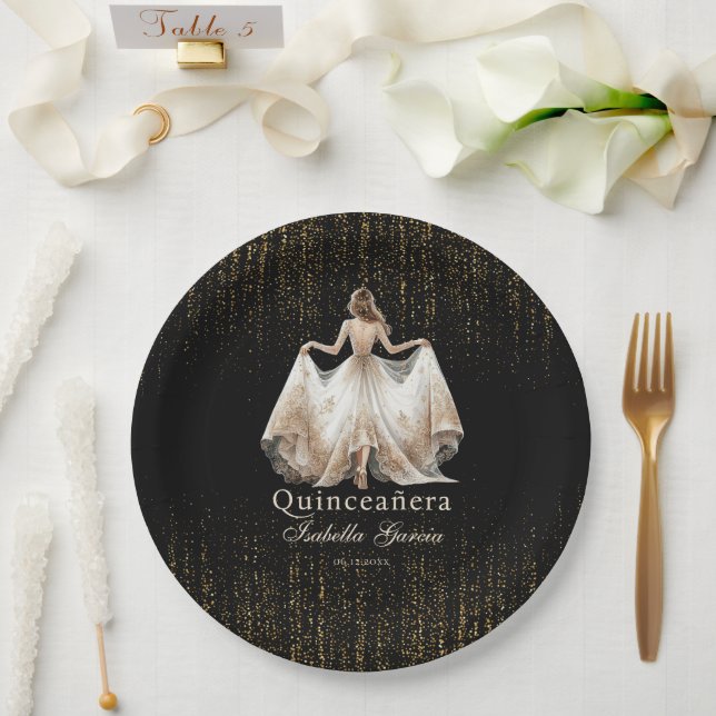Quinceañera Luxury Black Ivory Gold Personalised Paper Plate (Wedding)