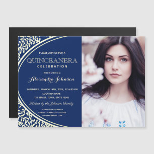 Quinceanera Luxury Elegant Royal Blue & Gold Photo Magnetic Invitation