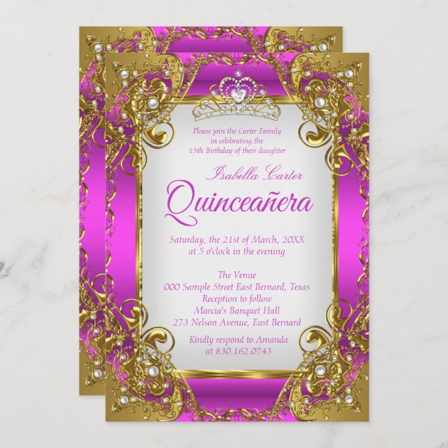 Quinceanera Magenta Golden Pearl Tiara Party Invitation (Front/Back)