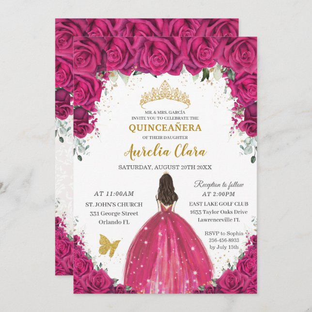 Quinceañera Magenta Hot Pink Floral Princess Gold  Invitation (Front/Back)