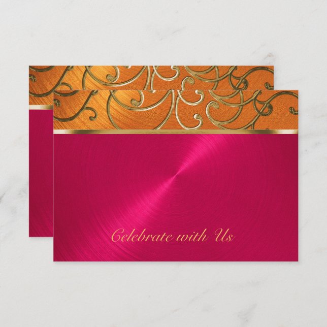 Quinceanera Magenta Pink Orange Gold Filigree Invitation (Front/Back)