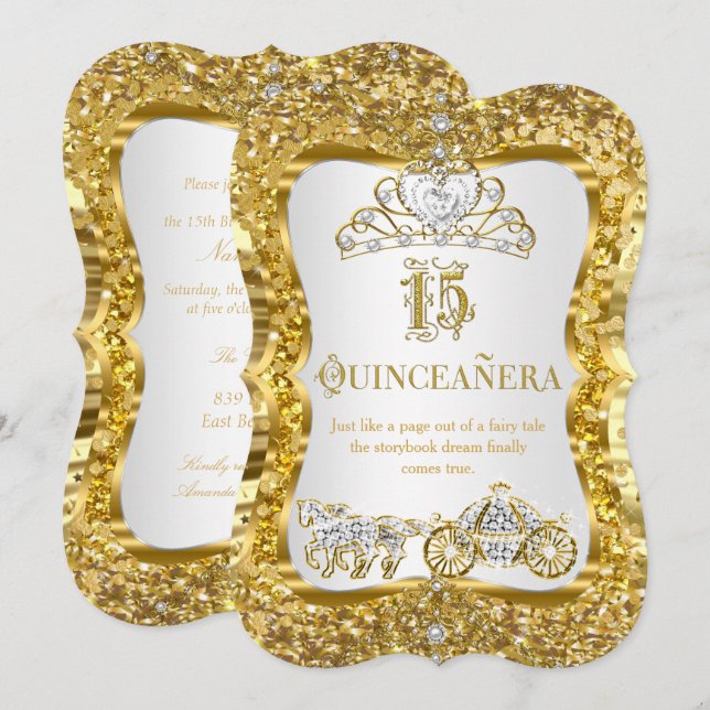 Quinceanera Magical Tiara Gold White Invite (Front/Back)