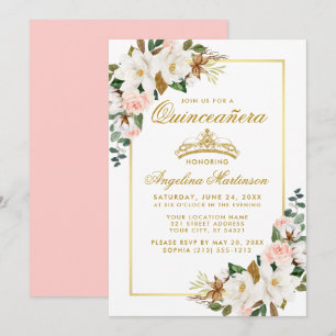 Quinceanera Magnolia Pink Roses Floral Gold Invitation