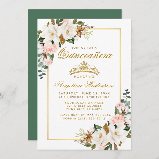 Quinceanera Magnolia Rose Floral Gold Green Invitation (Front/Back)