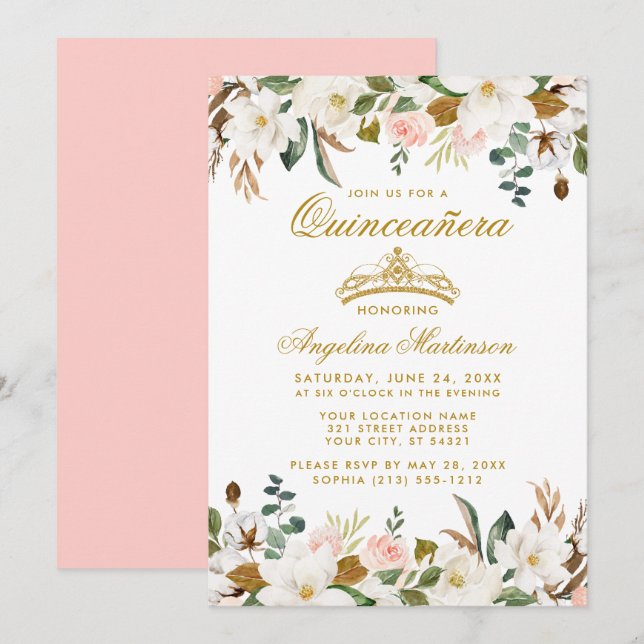 Quinceanera Magnolias Pink Roses Floral Invitation (Front/Back)