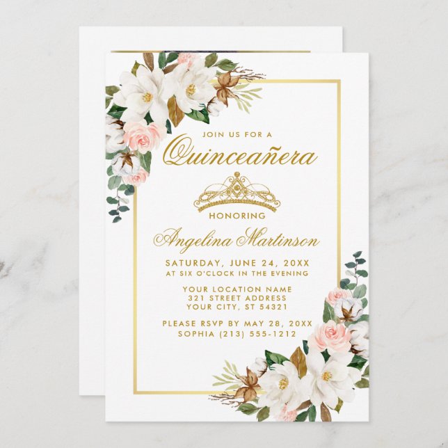 Quinceanera Magnolias Roses Floral Gold Photo Invitation (Front/Back)