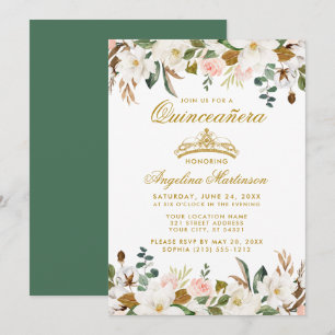 Quinceanera Magnolias Roses Floral Green Invitation