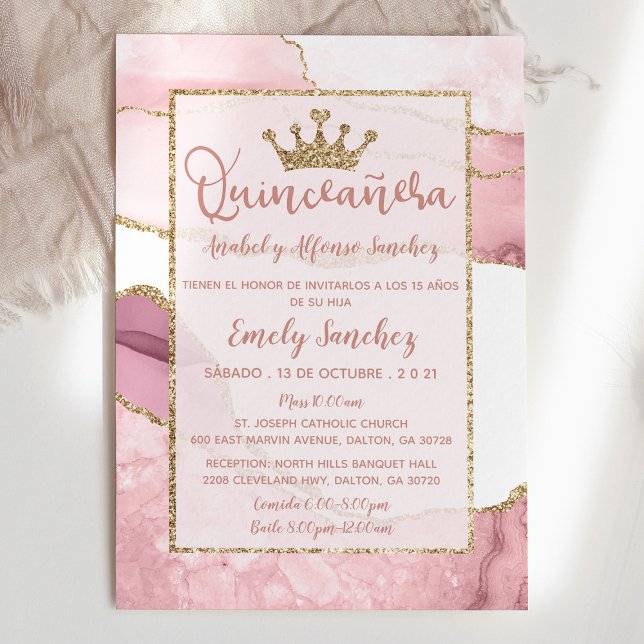 Quinceañera Marble Agate Rose Gold Photo Spanish Invitation (Creator Uploaded)