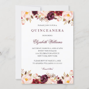 Quinceanera Marsala Floral Red Burgundy 15th Invitation