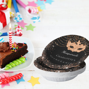 Quinceanera Masquerade black gold glitter Paper Plate