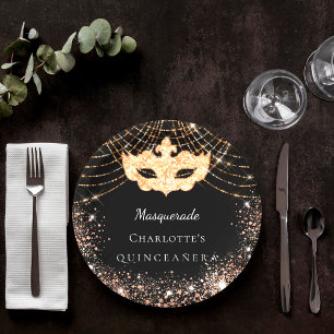 Quinceanera Masquerade black gold glitter Paper Plate