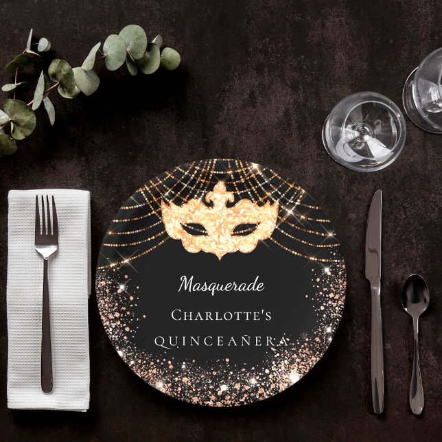 Quinceanera Masquerade black gold glitter Paper Plate (Creator Uploaded)