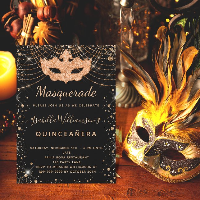 Quinceanera masquerade black purple glitter gold invitation (Creator Uploaded)