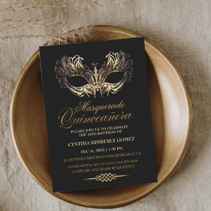 Quinceañera Masquerade Gold Black 16th Birthday Invitation