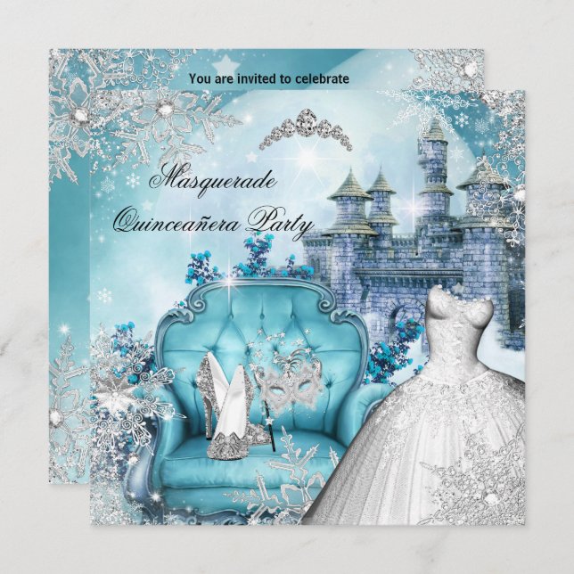 Quinceanera Masquerade Magical Princess Blue Invitation (Front/Back)