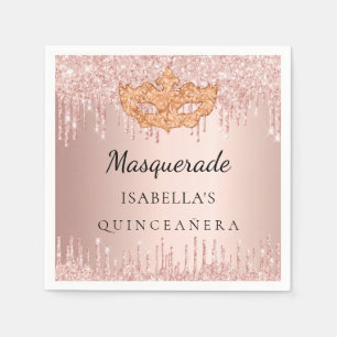 Quinceanera masquerade mask rose gold glitter napkin