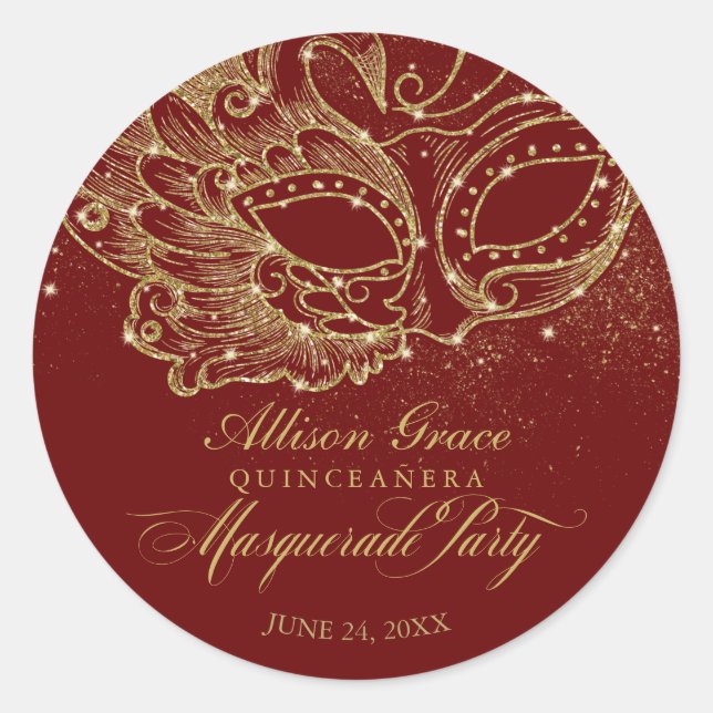 Quinceanera Masquerade Party Gold Burgundy Classic Round Sticker (Front)