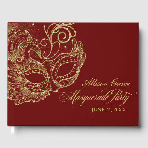 Quinceanera Masquerade Party Gold Burgundy Guest Book