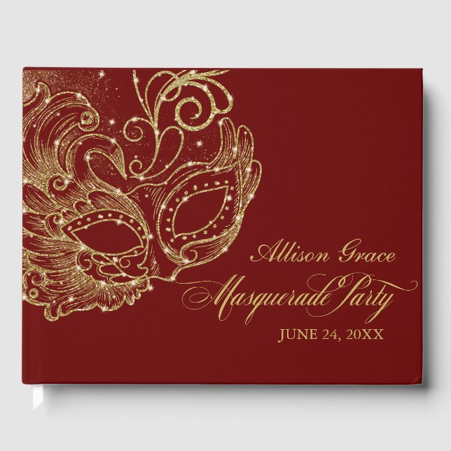 Quinceanera Masquerade Party Gold Burgundy Guest Book (Front)