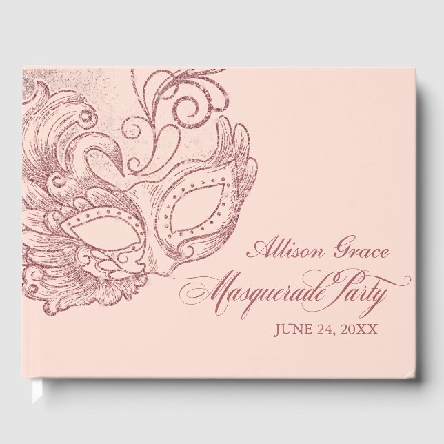Quinceanera Masquerade Party Rose Gold Pink Guest Book (Front)