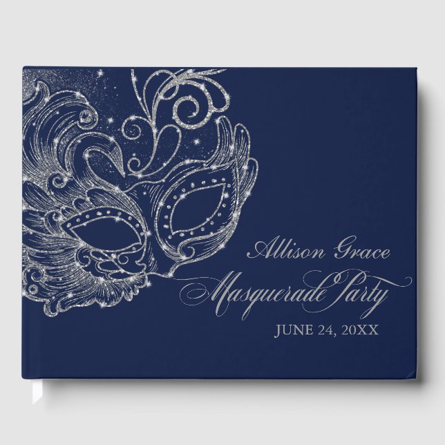Quinceanera Masquerade Party Silver Blue Guest Boo Book (Front)