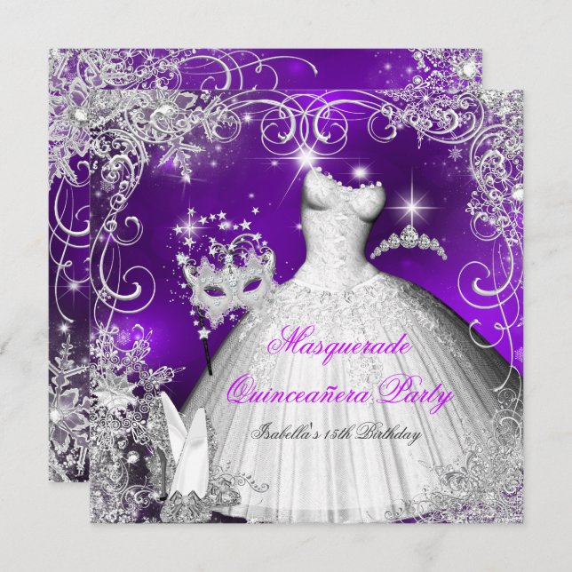 Quinceanera Masquerade Purple White Snowflakes 2 Invitation (Front/Back)