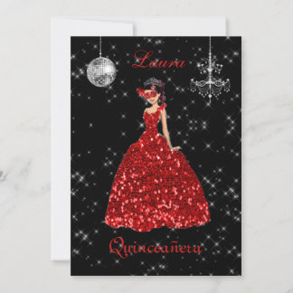 Quinceañera Masquerade Red Black Silver Spanish Invitation