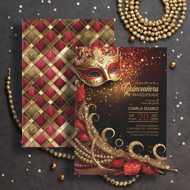 Quinceanera Masquerade Red Gold ID1031 Invitation (Creator Uploaded)