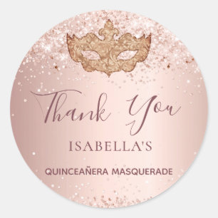 Quinceanera masquerade rose gold glitter Thank You Classic Round Sticker