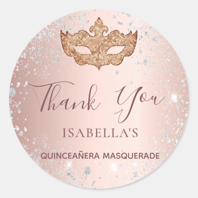 Quinceanera masquerade rose gold silver Thank You Classic Round Sticker (Front)