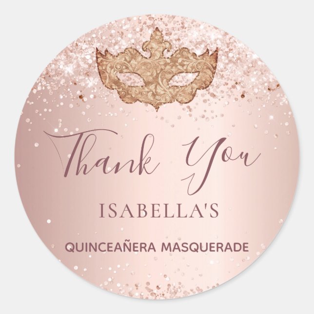 Quinceanera masquerade rose gold Thank You Classic Round Sticker (Front)