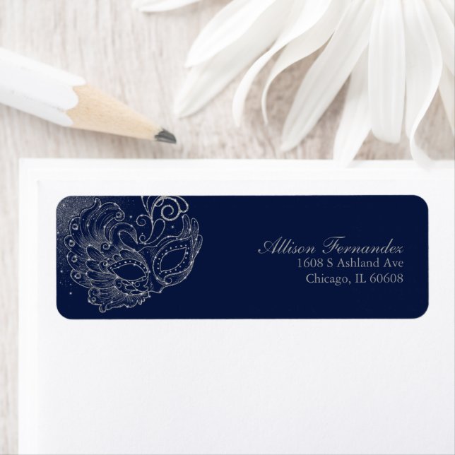 Quinceanera Masquerade Silver Glitter Blue Return Address Label (Insitu)