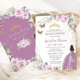 Quinceañera Mauve Floral Butterfly Princess Dress Invitation