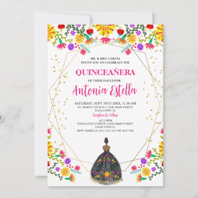 Quinceanera Mexican Fiesta Black Princess Dress  Invitation (Front)