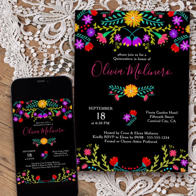Quinceanera Mexican Fiesta Colourful Floral Black Invitation (Quinceanera invitation from my Mexican Fiesta Floral collection)