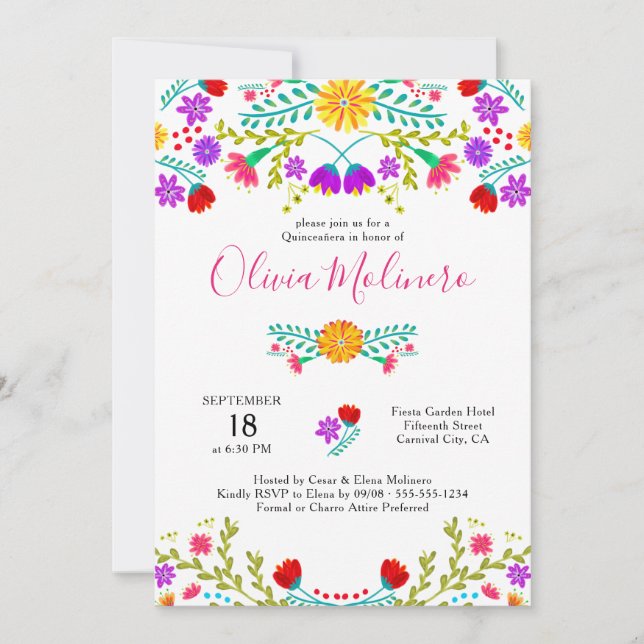 Quinceanera Mexican Fiesta Colourful Floral White Invitation (Front)