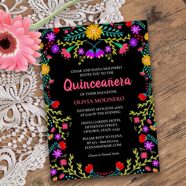 Quinceanera Mexican Fiesta Floral Black Birthday Invitation (Quinceanera invitation from my Mexican Fiesta Floral collection)