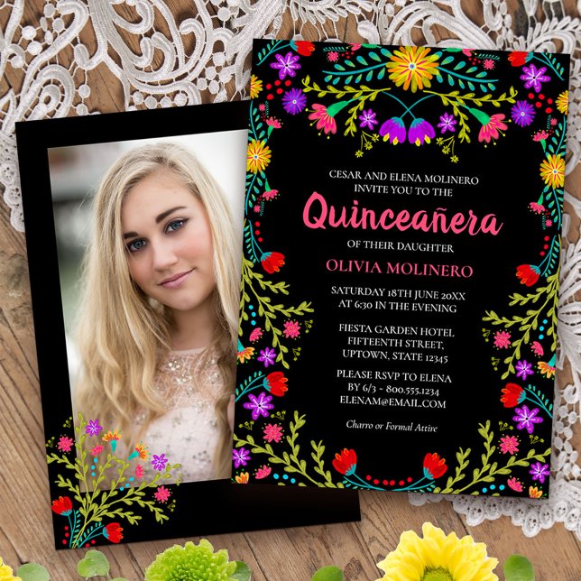 Quinceanera Mexican Fiesta Floral Black Photo Invitation (Quinceanera invitation with photo, from my Mexican Fiesta Floral collection
)