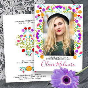 Quinceanera Mexican Fiesta Floral White Photo Invitation