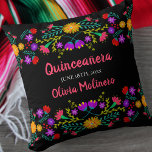 Quinceanera Mexican Fiesta Flowers Black Cushion<br><div class="desc">Quinceañera pillow with Mexican fiesta flowers - or feel free to customise as a beautiful keepsake gift to celebrate any occasion. This colourful and vibrant Quinceanera pillow has Mexican folk art flowers in pink purple yellow red blue and green. The template is set up ready for you to personalise, with...</div>