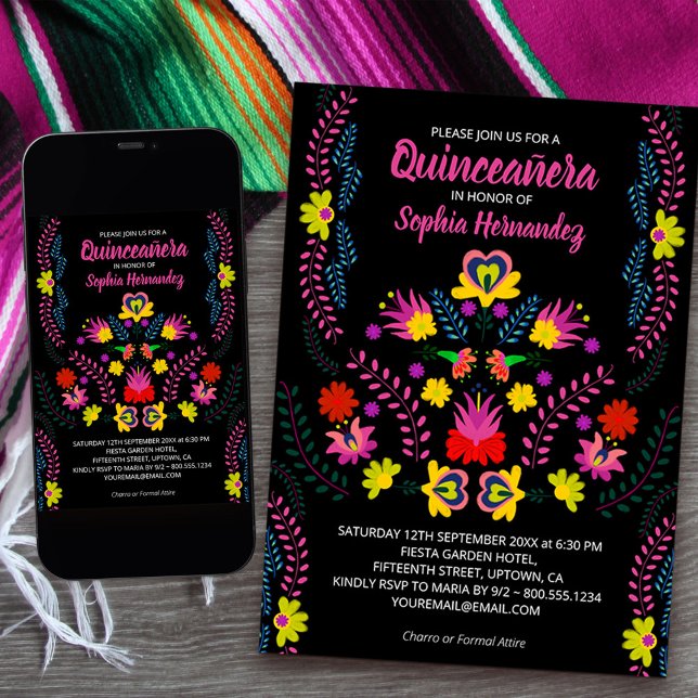Quinceanera Mexican Party Flowers Black Birthday Invitation (Quinceanera Invitation from my Mexican Fiesta Party collection
available printed or download)