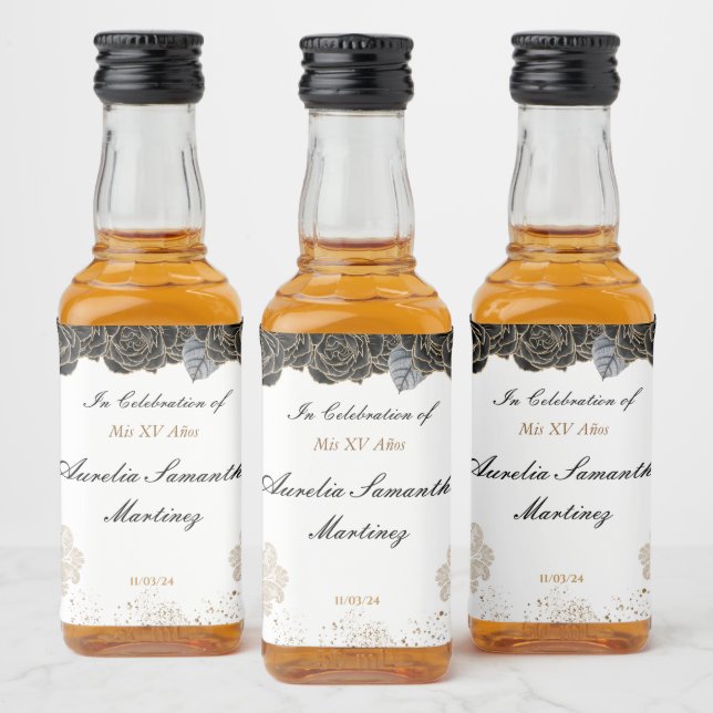Quinceañera Mini Liquor Bottle  Black and Gold Liquor Bottle Label (Bottles)