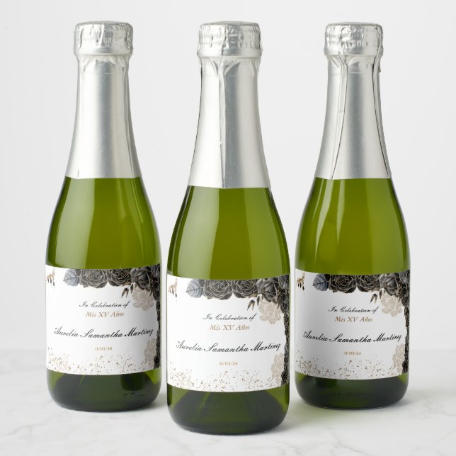 Quinceañera Mini Sparkling Wine  Black and Gold Sparkling Wine Label (Bottles)