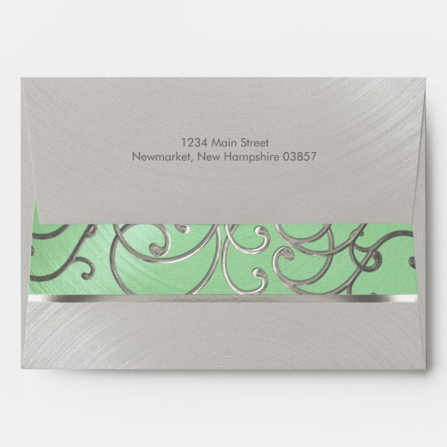 Quinceanera Mint Green and Silver Filigree Swirls Envelopes (Back (Top Flap))