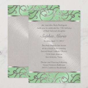 Quinceanera Mint Green and Silver Filigree Swirls Invitation