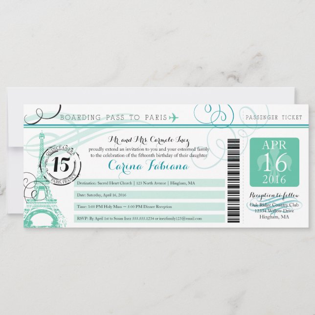 Quinceanera Mint Green and Teal | Paris Invitation (Front)