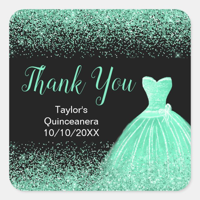 Quinceanera Mint Green Dress Faux Glitter Square Sticker (Front)