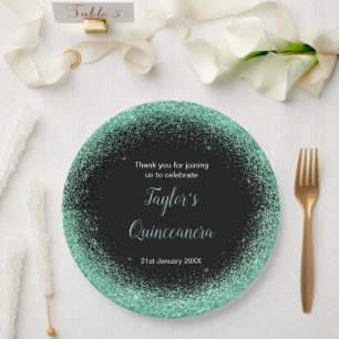 Quinceanera Mint Green Faux Glitter Paper Plate